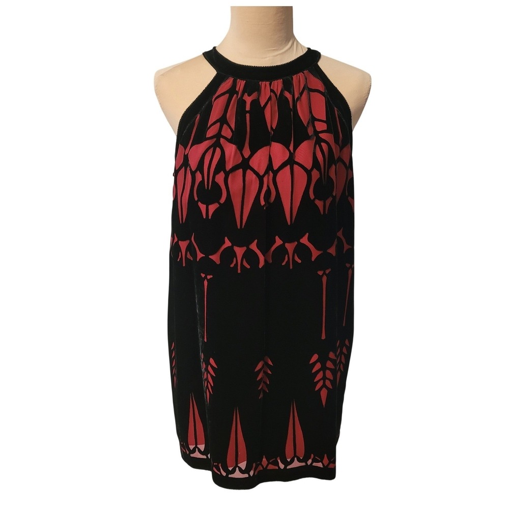 Vintage 90s Art Deco Burnout Velvet Silk Mini Dress Red Black Gothic Devoré M